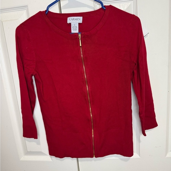 Carmen Marc Valvo Tops - Carmen Marc Valvo Red Zip Front Rib‎ Knit Cardigan Top Size Small Elegant